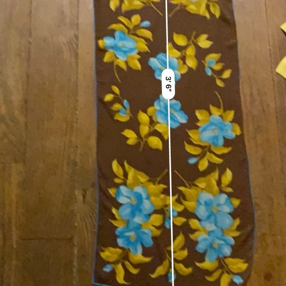 Vibrant Brown Chiffon Scarf Blue and Yellow Floral Hand-Rolled Edges